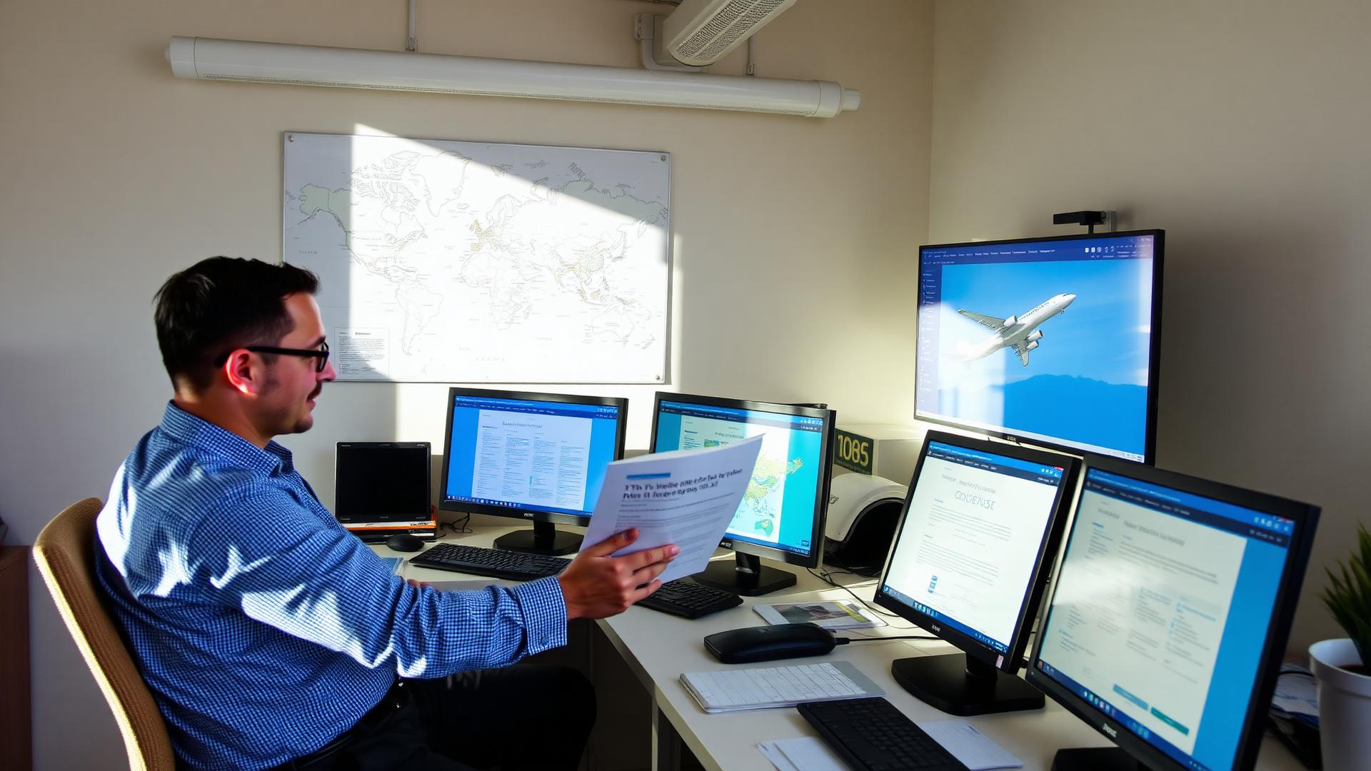 Editorial researcher comparing airline policy documents across screens beside a wall route map