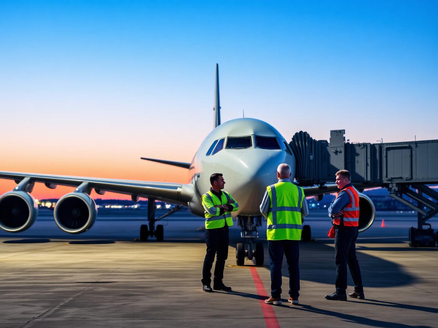 Ground operations crew in high-visibility vests coordinating beside a parked aircraft at dawn