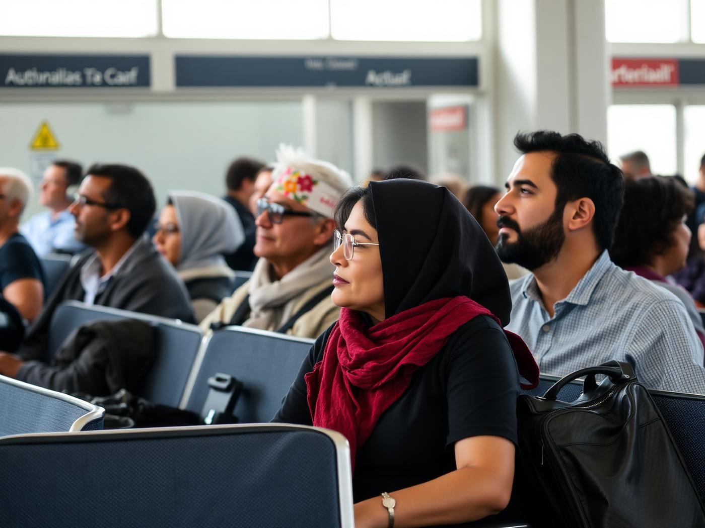 International travelers of different ages waiting calmly in a sunlit terminal seating area