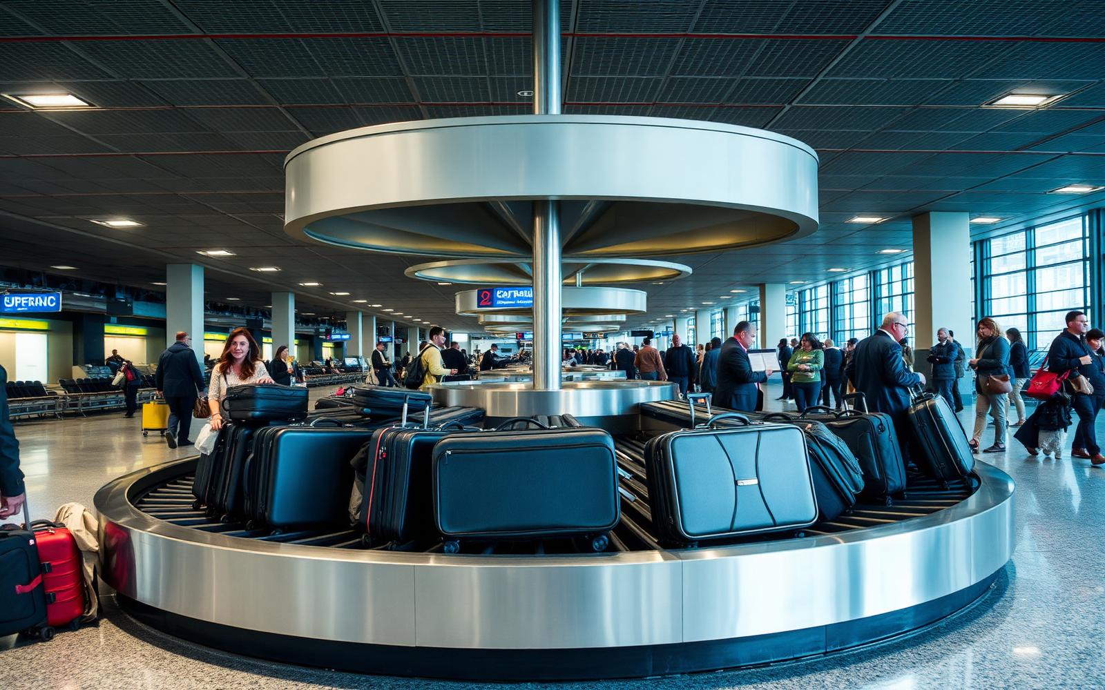 A close view of a printed airline baggage tag attached to a suitcase handle at a check-in desk