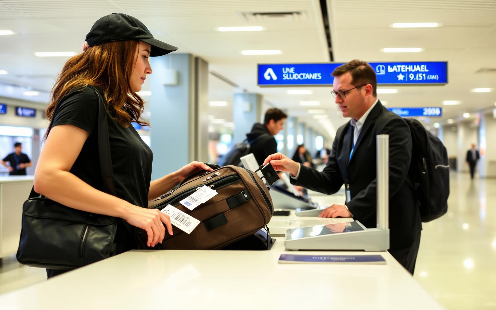 A connections baggage drop point just beyond a customs exit with staff receiving suitcases from arriving passengers