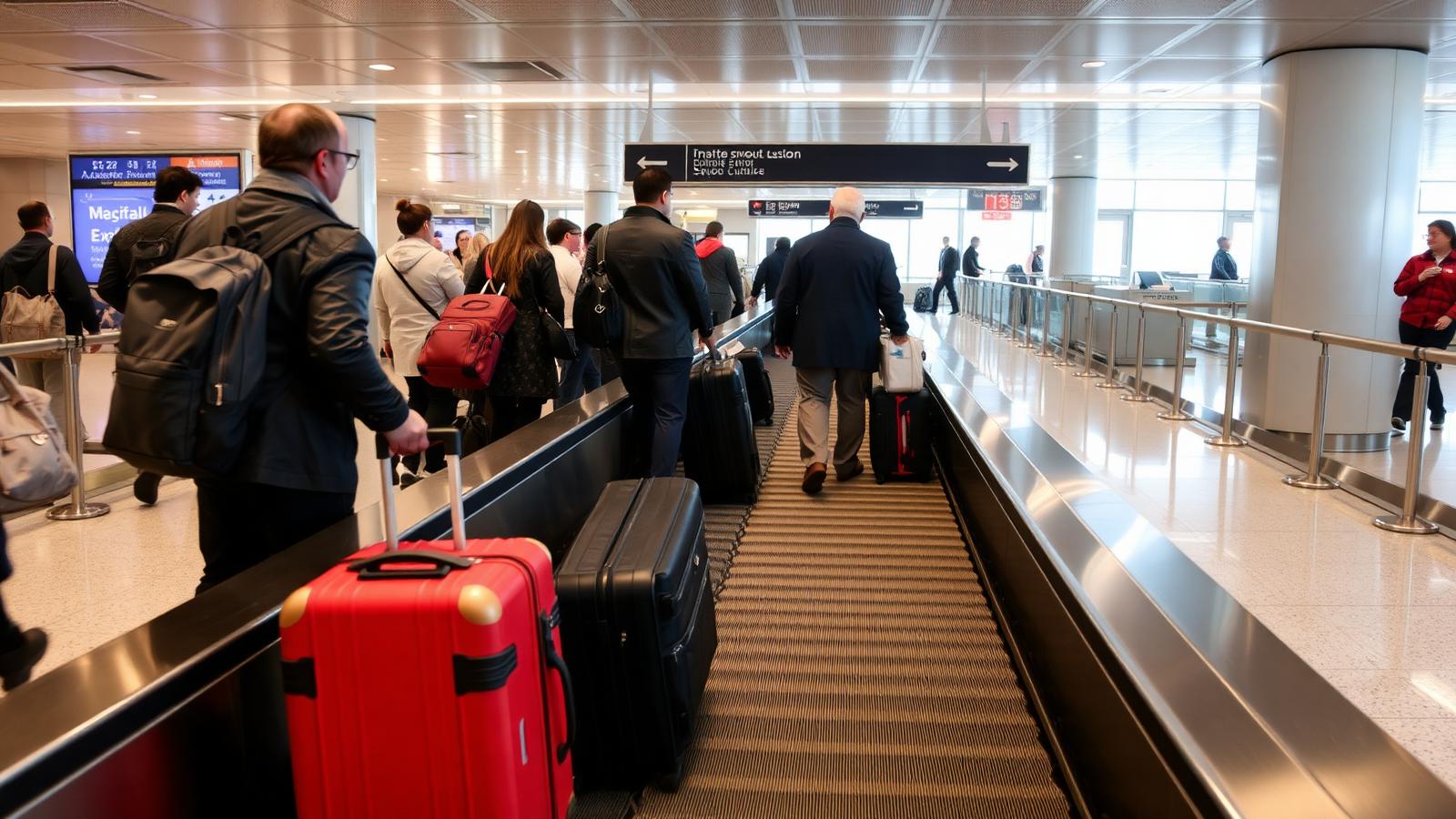 Travelers with suitcases moving along a connections walkway toward a transfer baggage drop in a bright terminal