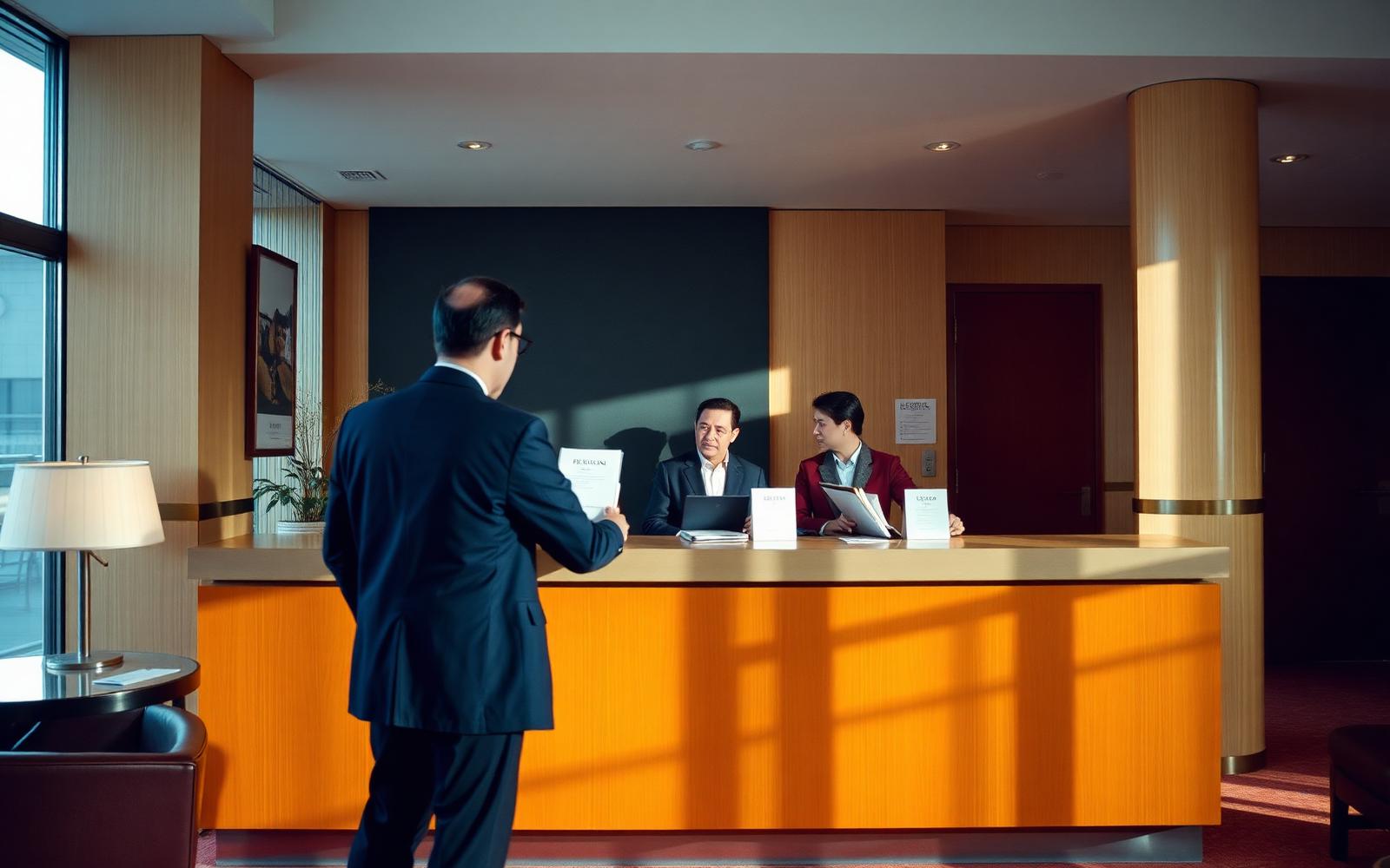 A hotel reception desk at night with a guest checking in and a small overnight bag on the floor