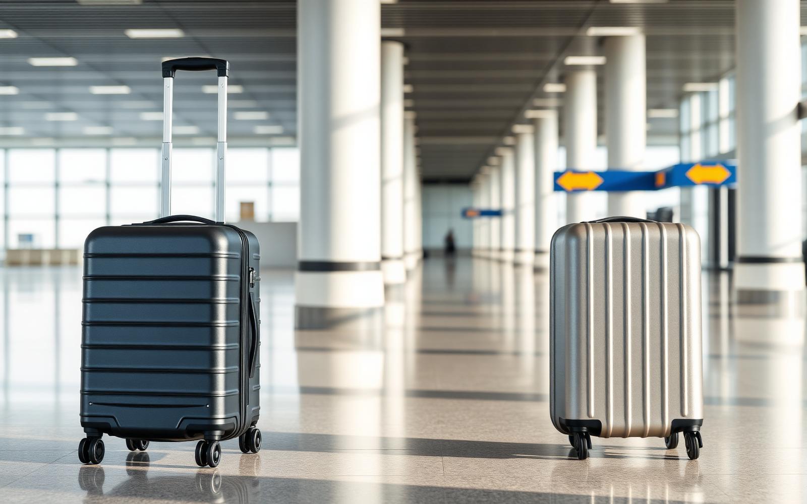 Two cabin suitcases of slightly different sizes standing side by side on an airport floor