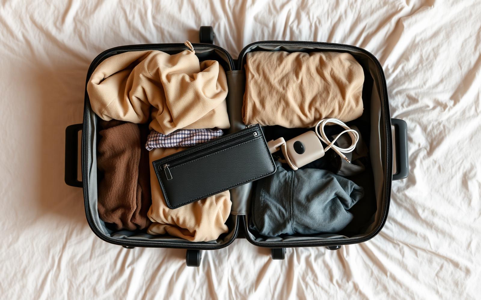 A neatly packed open carry-on suitcase with folded clothes, a toiletry pouch and a charger organiser