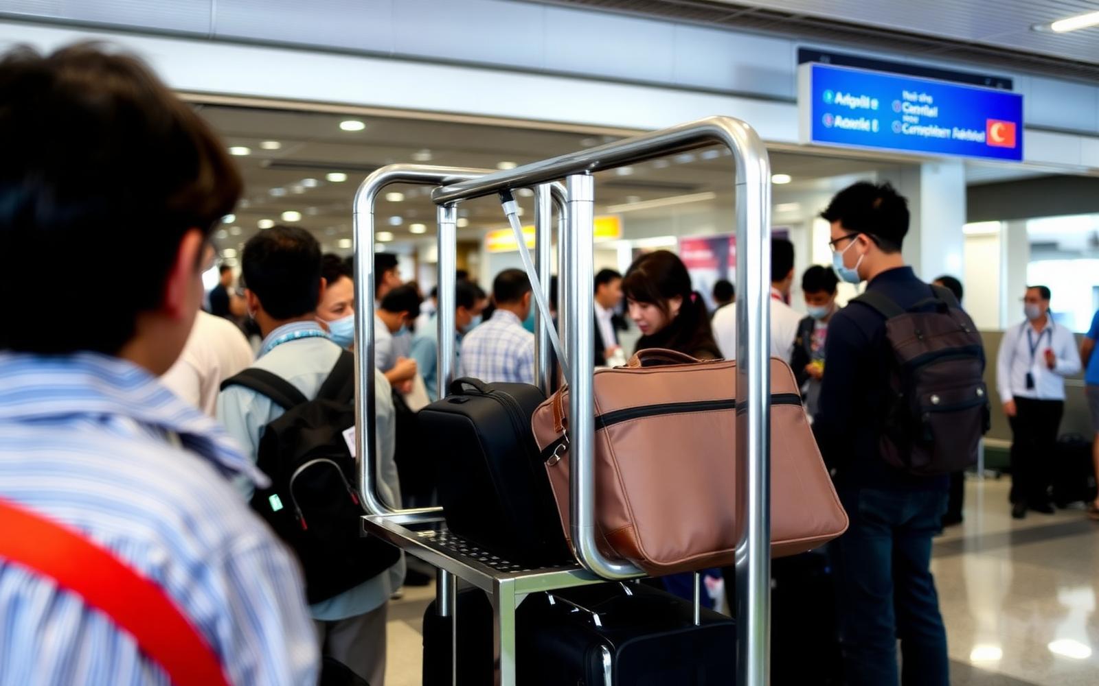 Cabin bag being checked against a metal carry-on sizer at a busy boarding gate