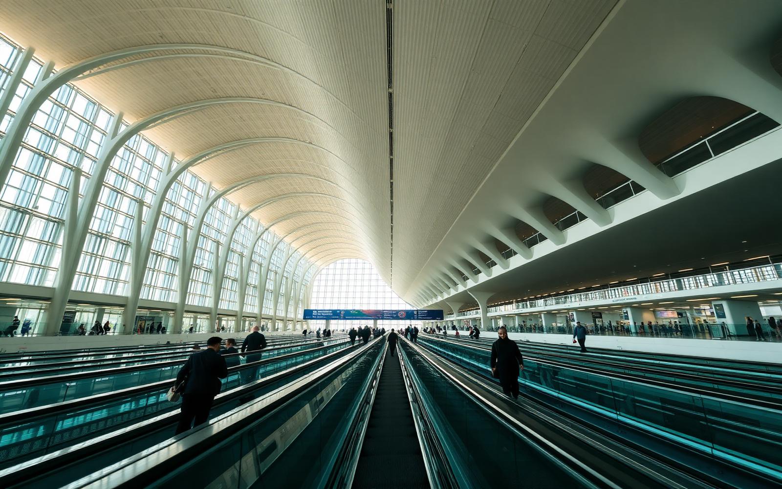 Travelers on moving walkways inside a vast modern airport concourse