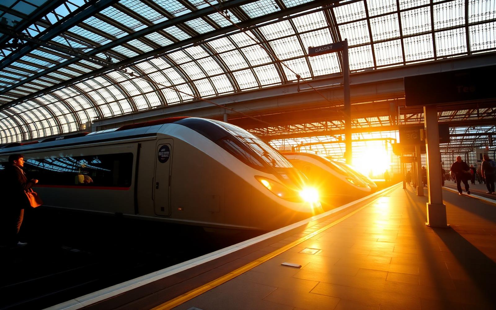 High-speed train waiting at a glass-roofed European station platform at sunrise