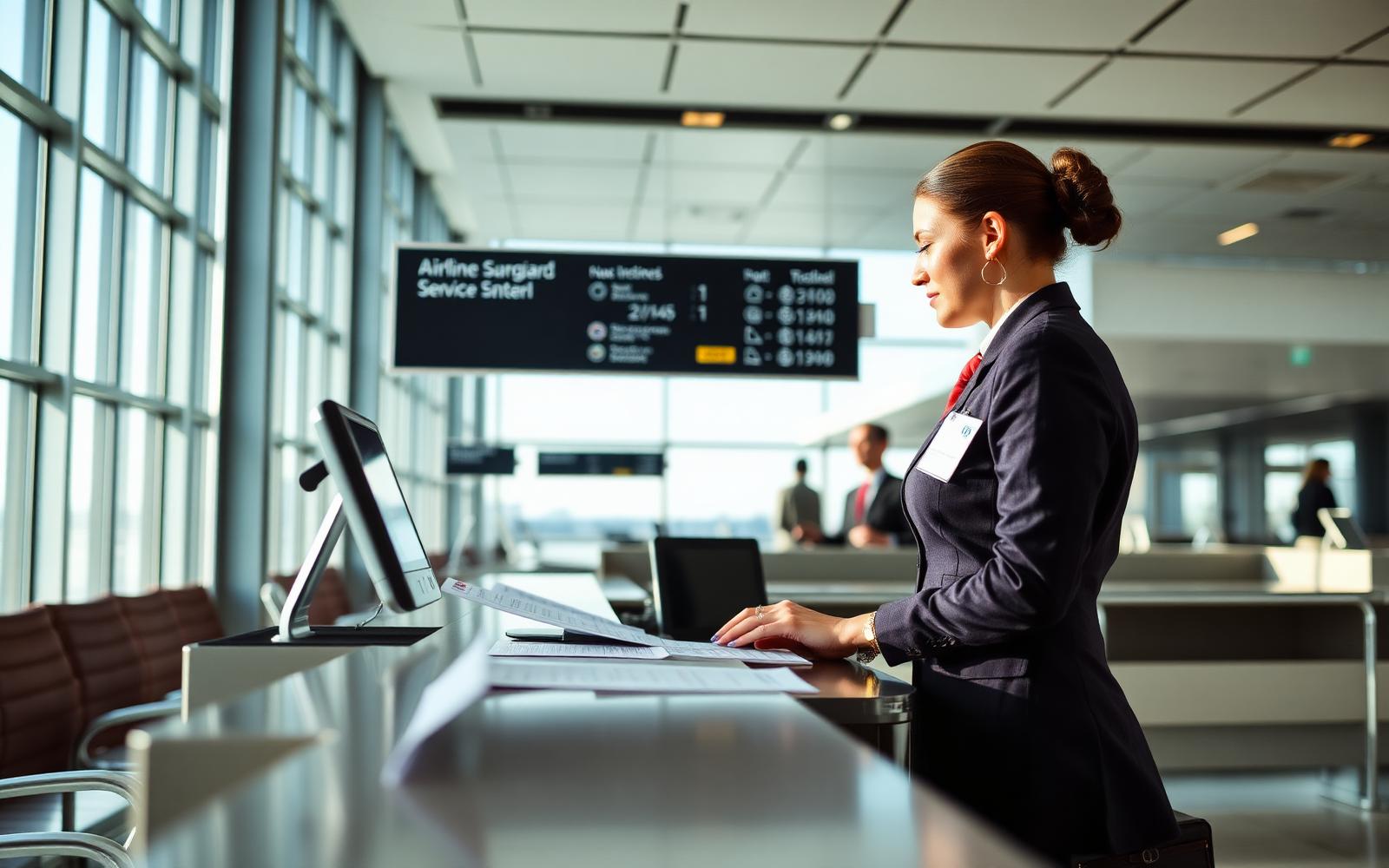 Airline ground agent rebooking a traveler at a service counter in a sunlit terminal