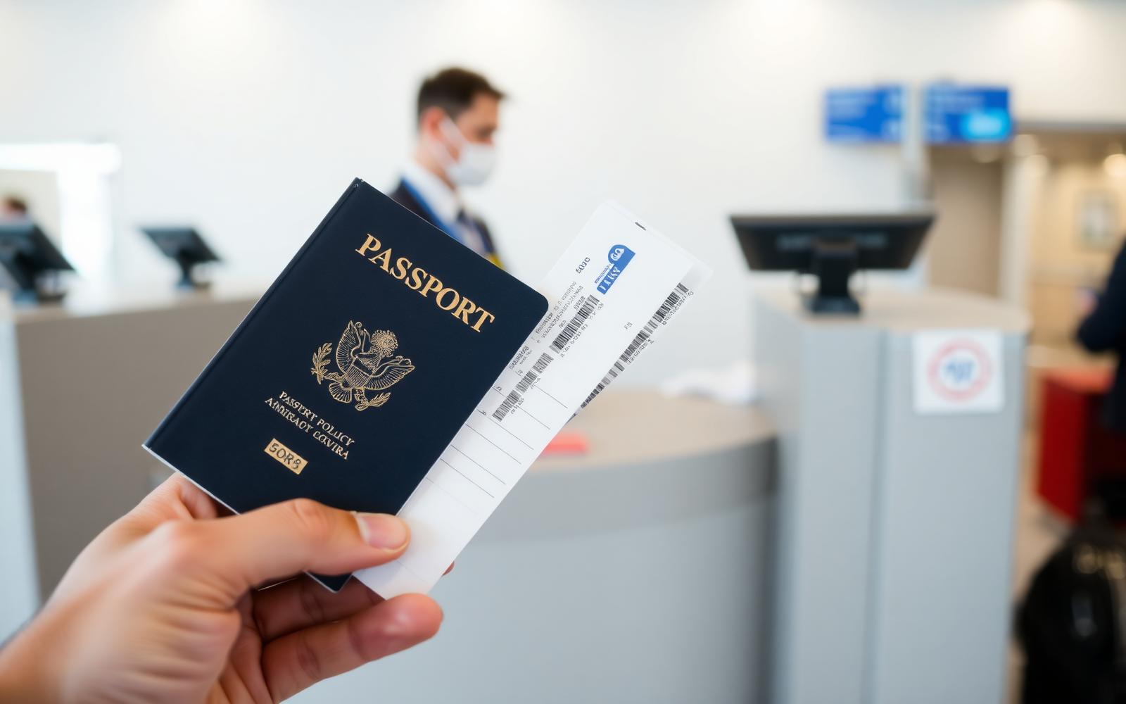 Passport and boarding pass held up in front of a passport control desk