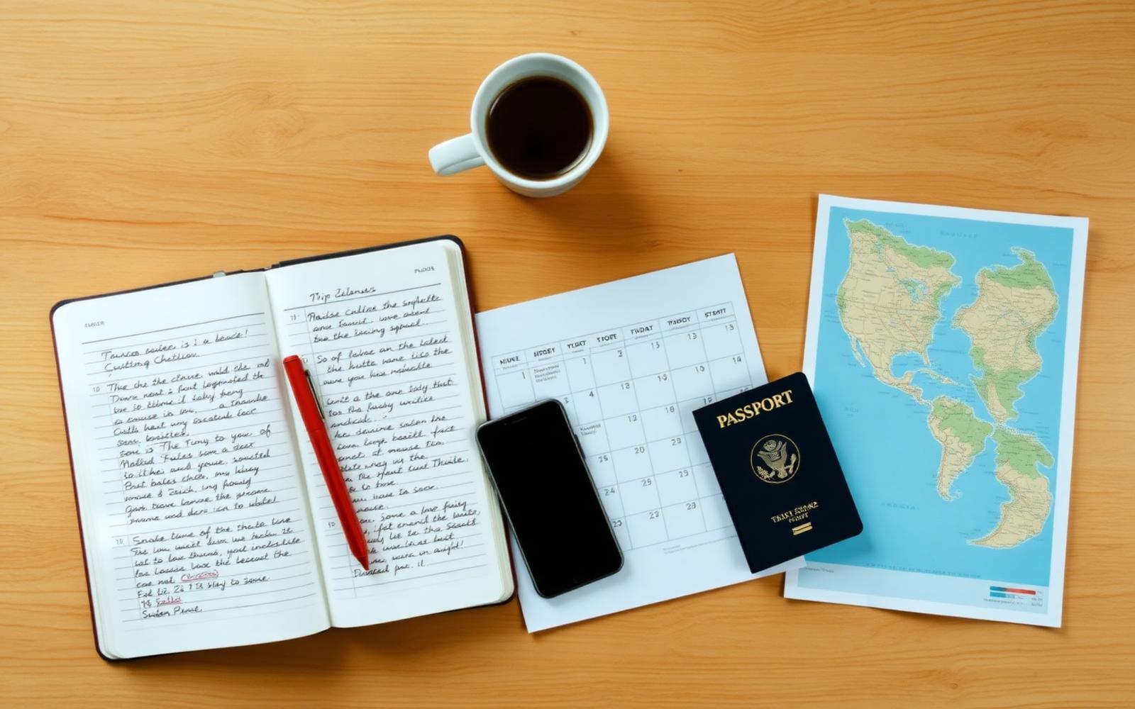 Overhead view of a trip planning desk with notebook, calendar, passport and coffee