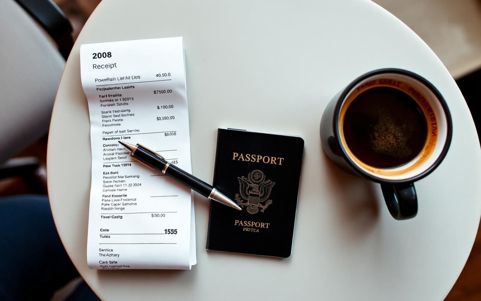 A printed airline receipt and pen on a cafe table beside a coffee cup and a passport