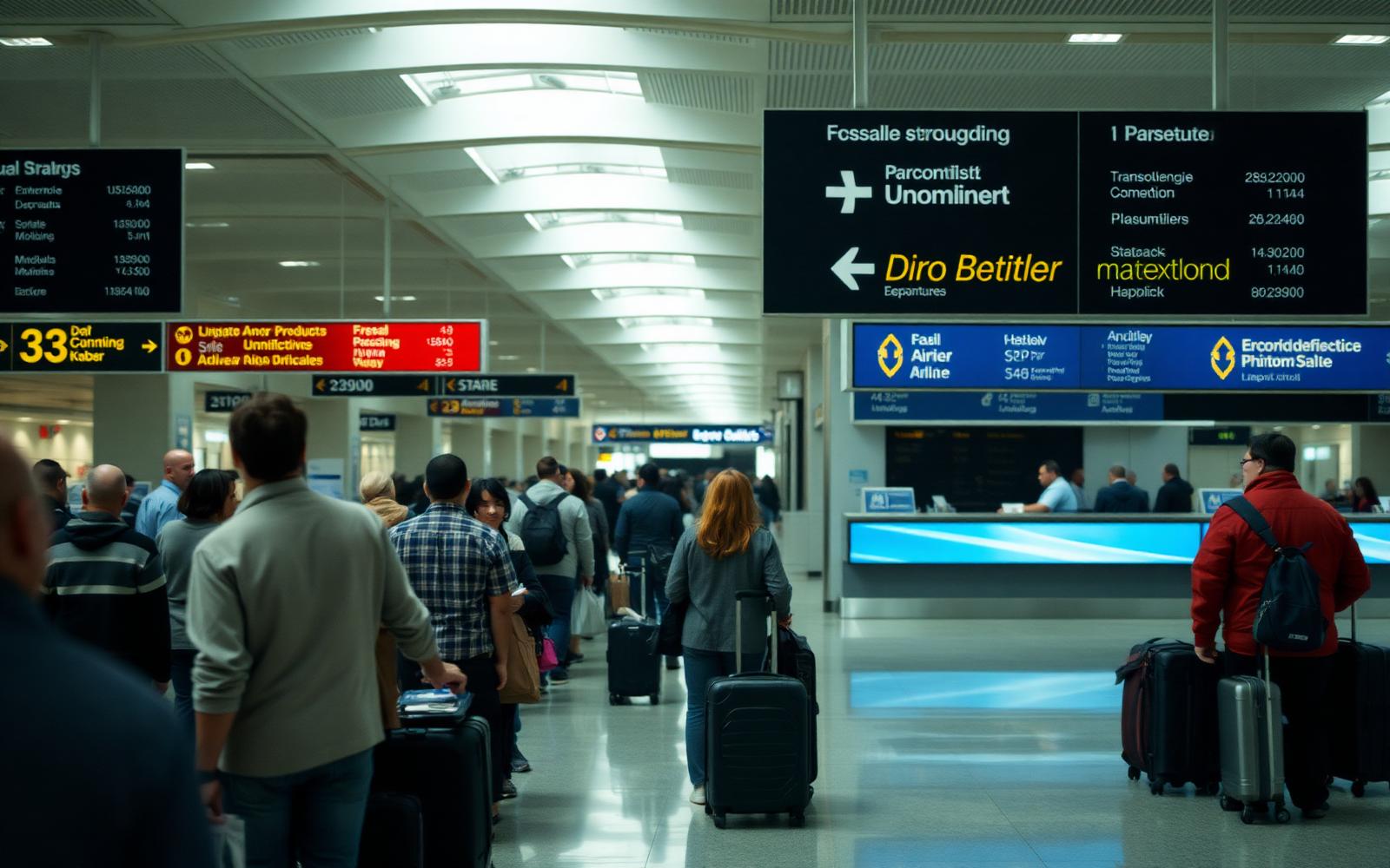 Passengers queuing at an airline service counter in a busy departures hall