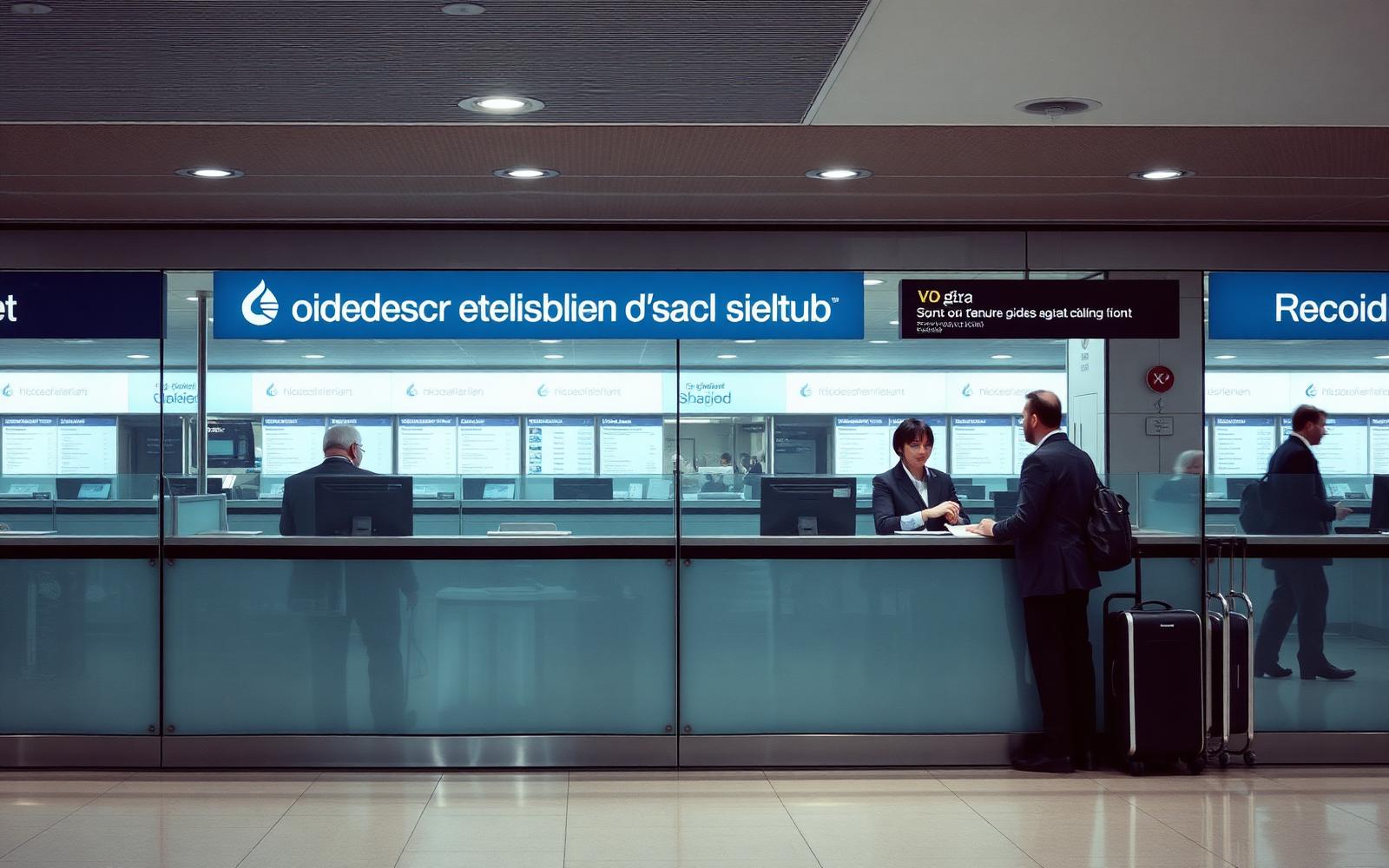 An airline ticketing counter in a European airport where an agent is helping a passenger rebook a flight