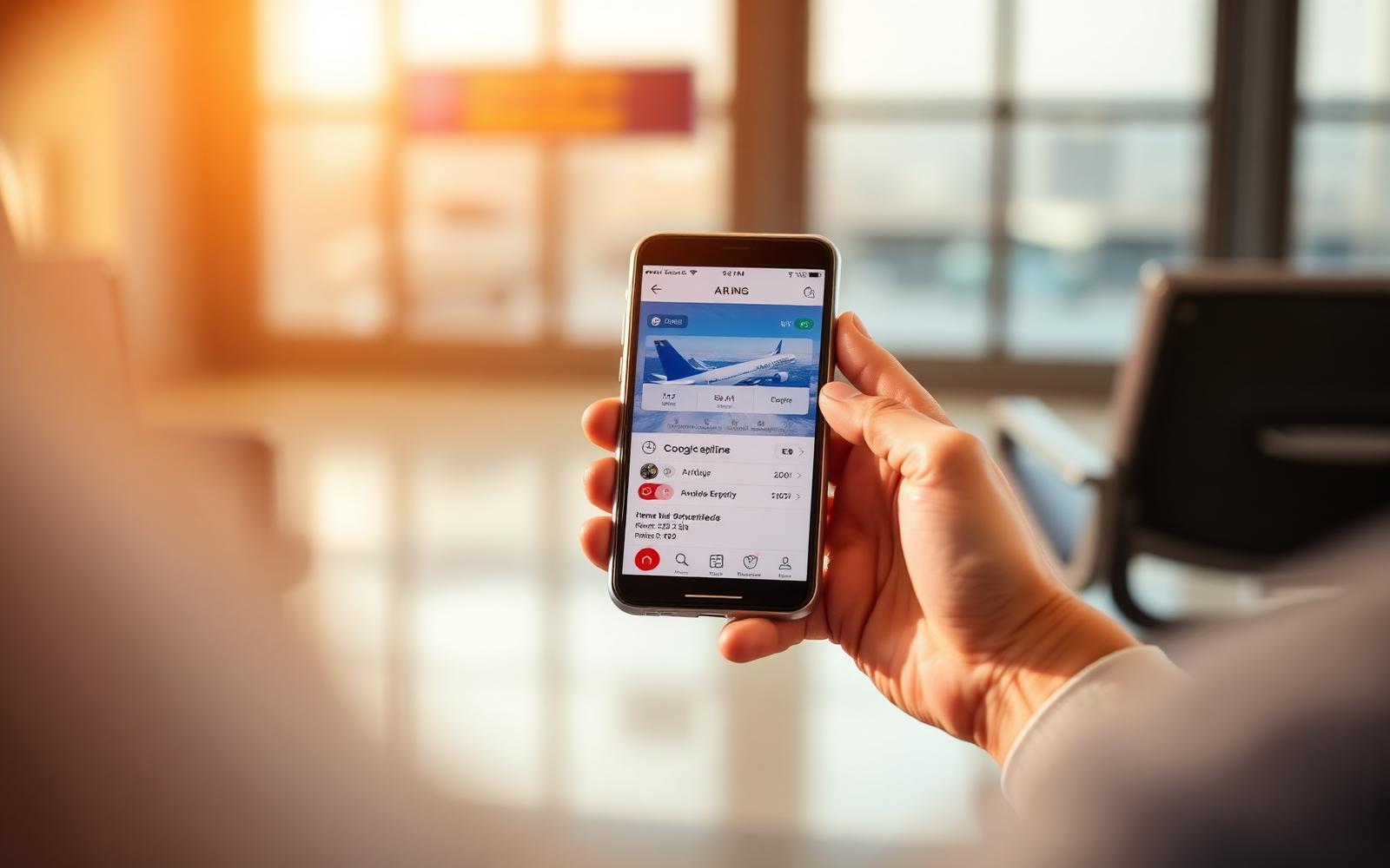 Hands holding a smartphone with an airline app open while seated in an airport waiting area near a departure gate