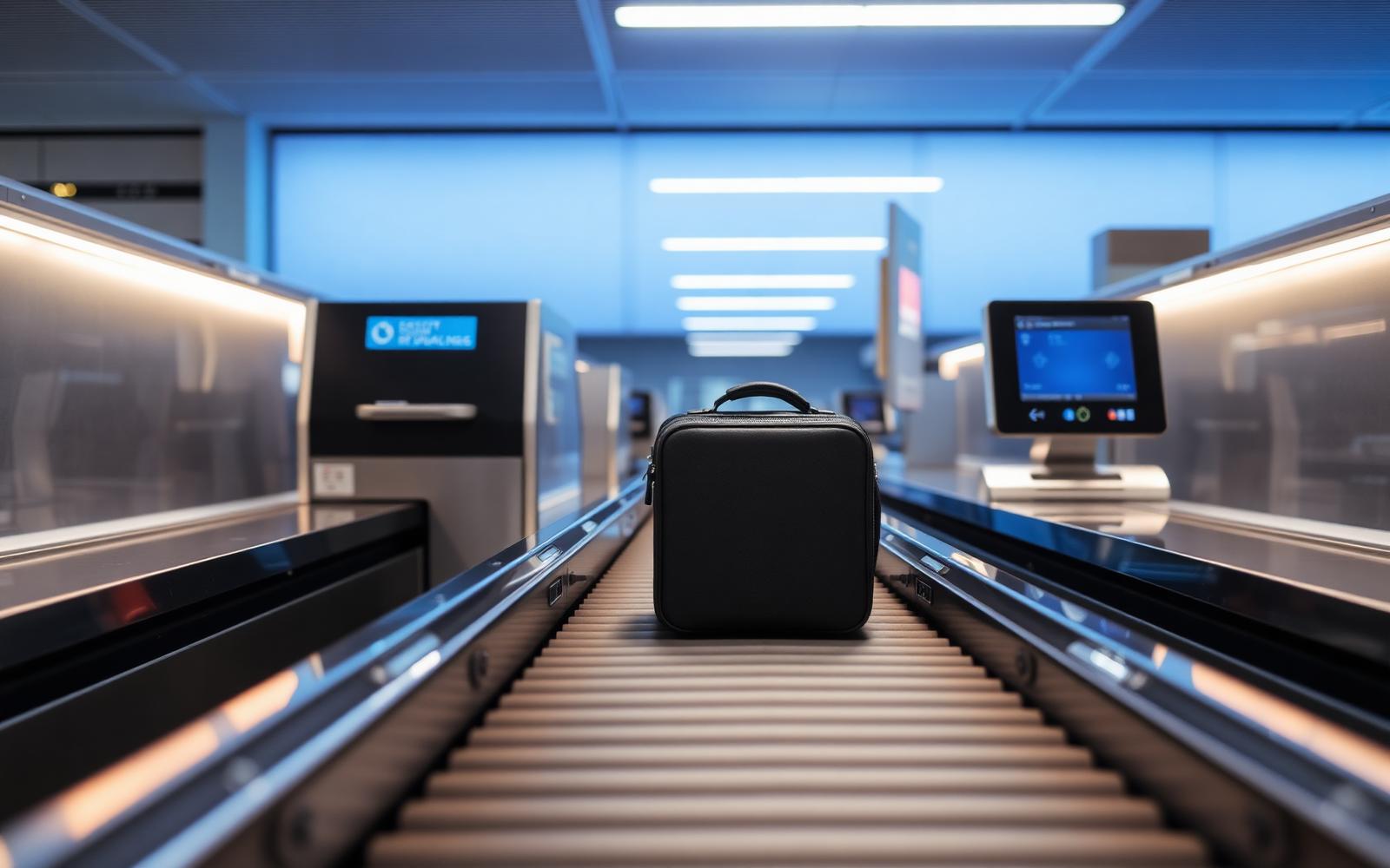 A suitcase being accepted onto an automated bag drop belt in a modern airport