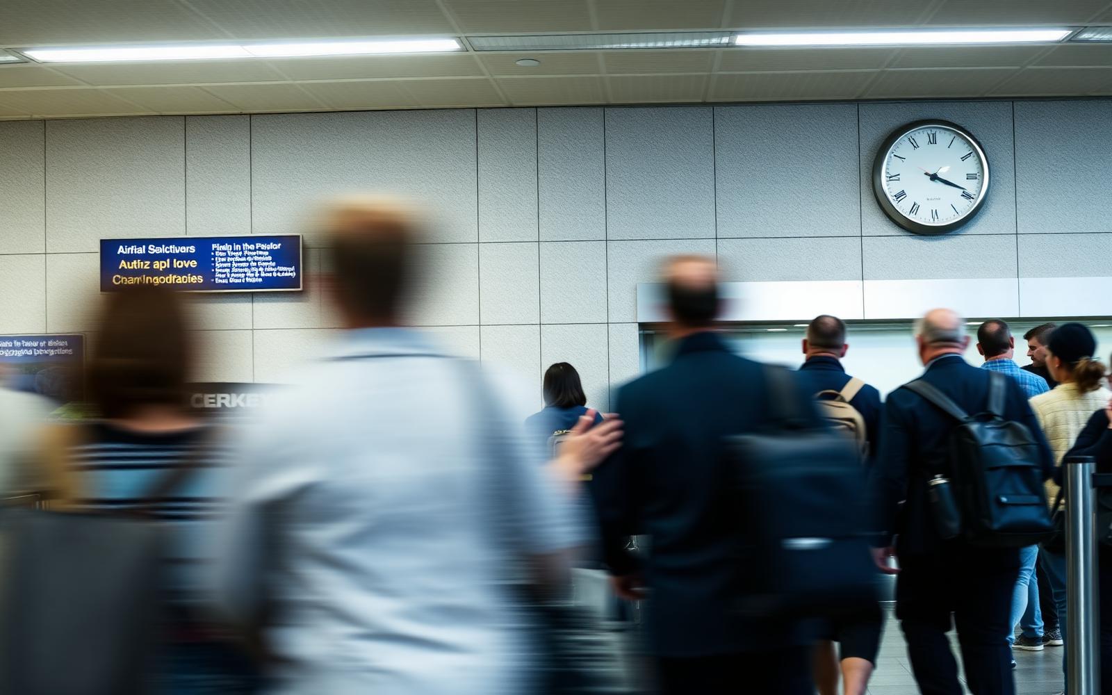 Travelers hurrying through an airport security queue with a wall clock visible above