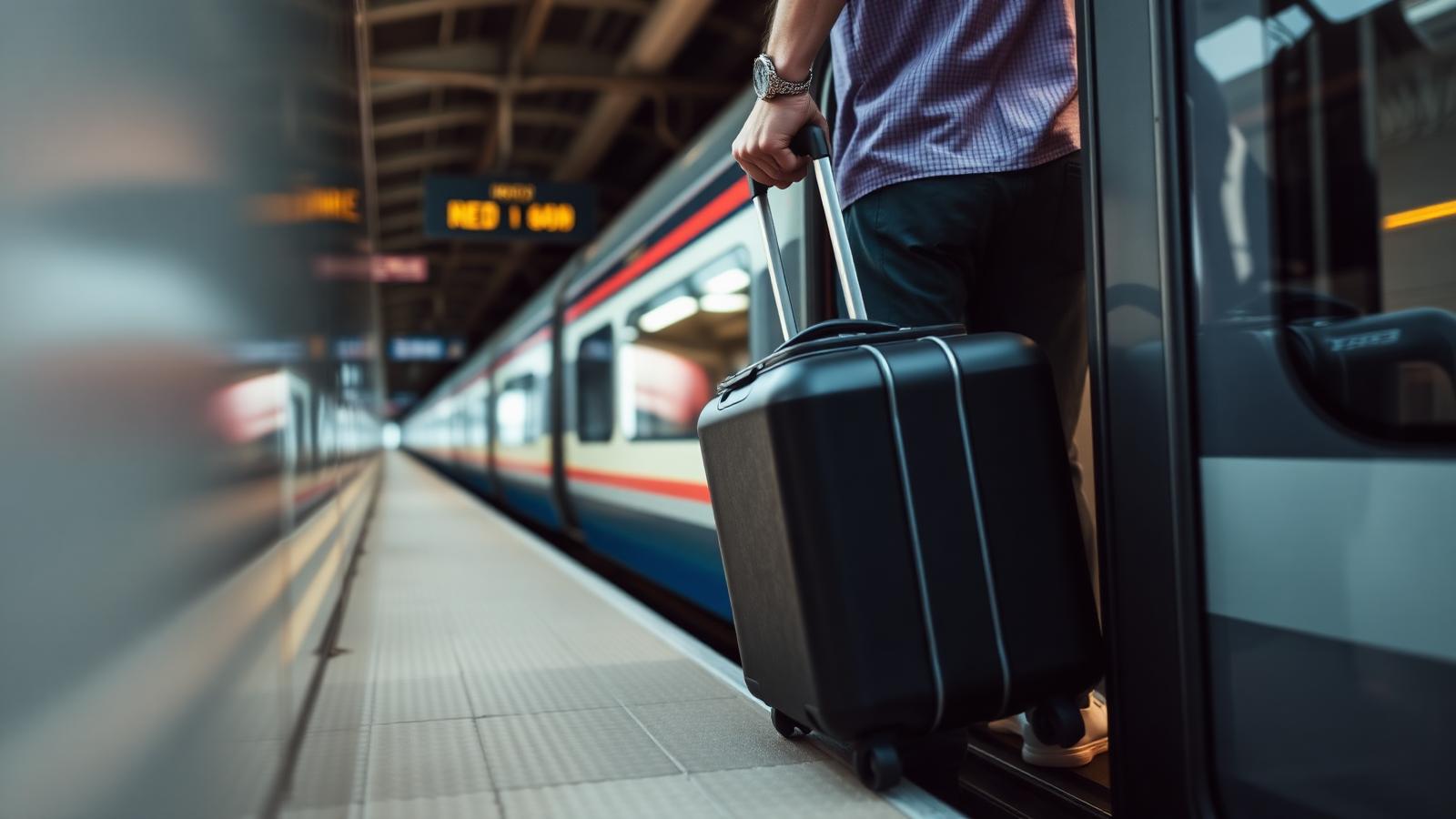 Travelers with suitcases boarding a high speed train from a covered platform inside a large station