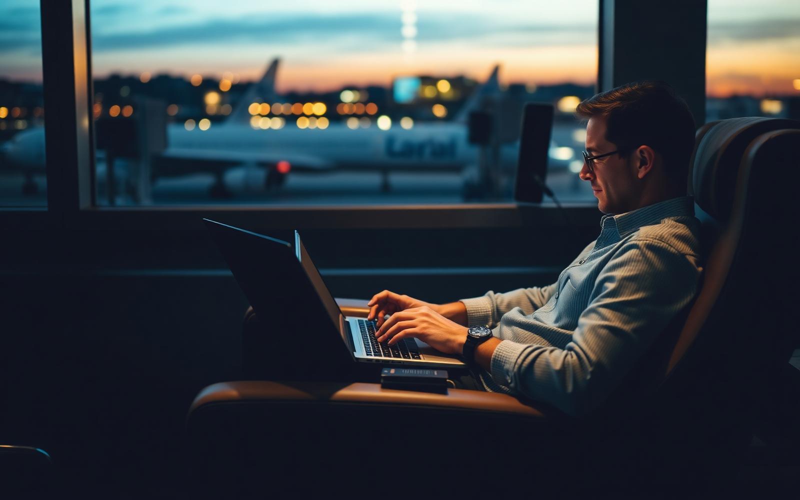 A traveler writing an email on a laptop in an airport lounge armchair at dusk with a passport nearby