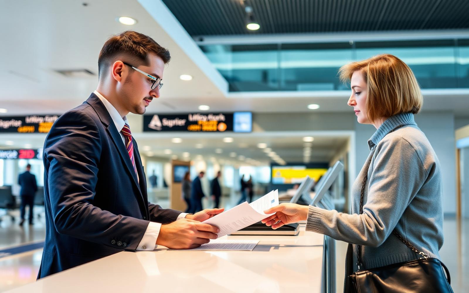 A passenger handing documents to a supervisor at an airport service desk in a modern terminal