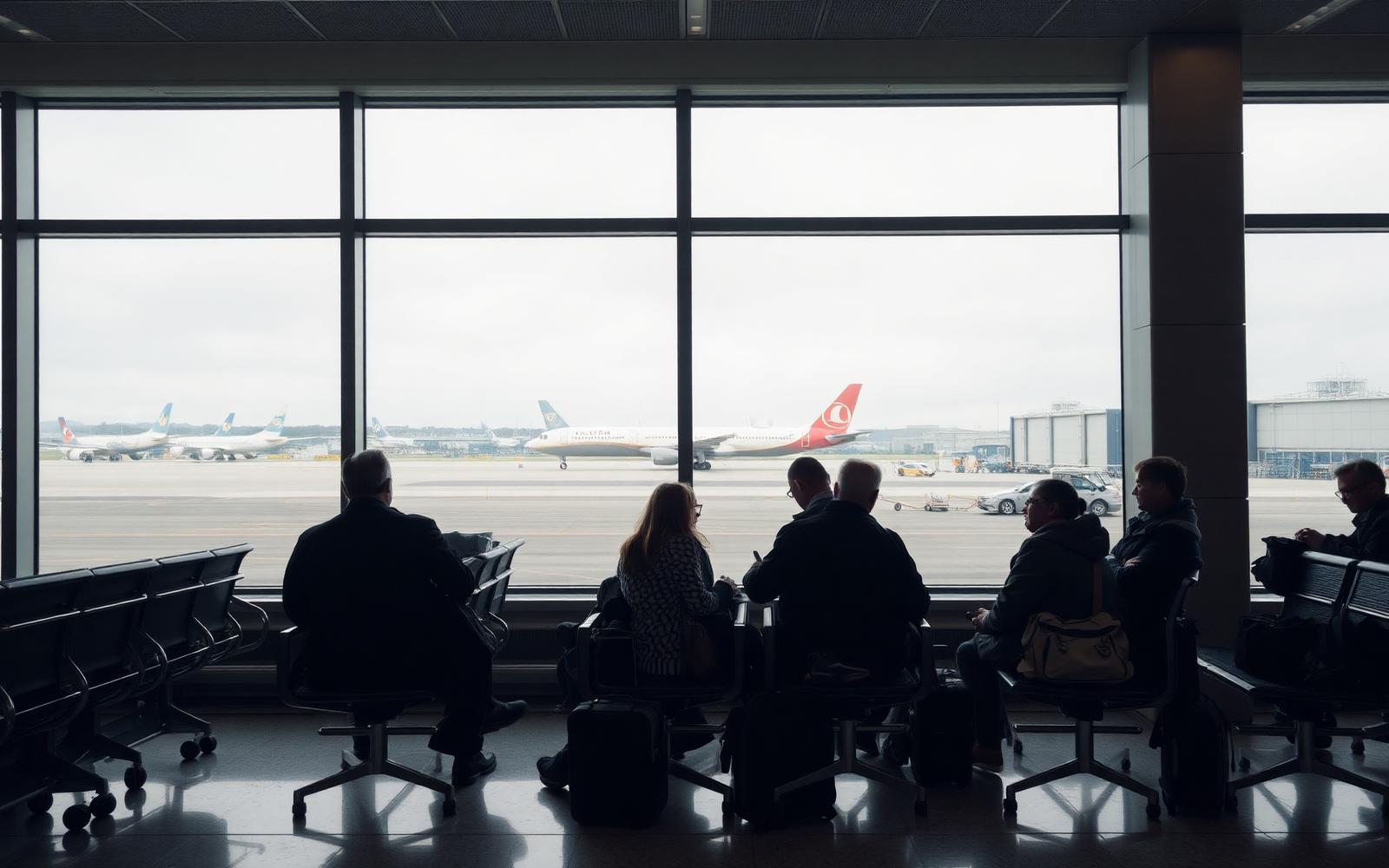 Passengers waiting at a quiet airport gate during a long delay with a stationary aircraft outside