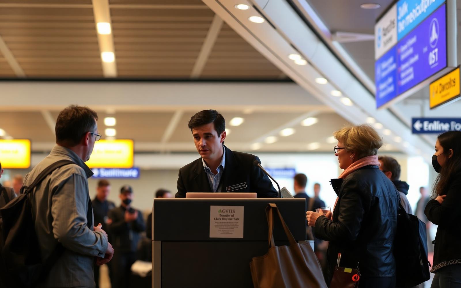 An airline gate agent talking with a small group of passengers at a service podium during disruption