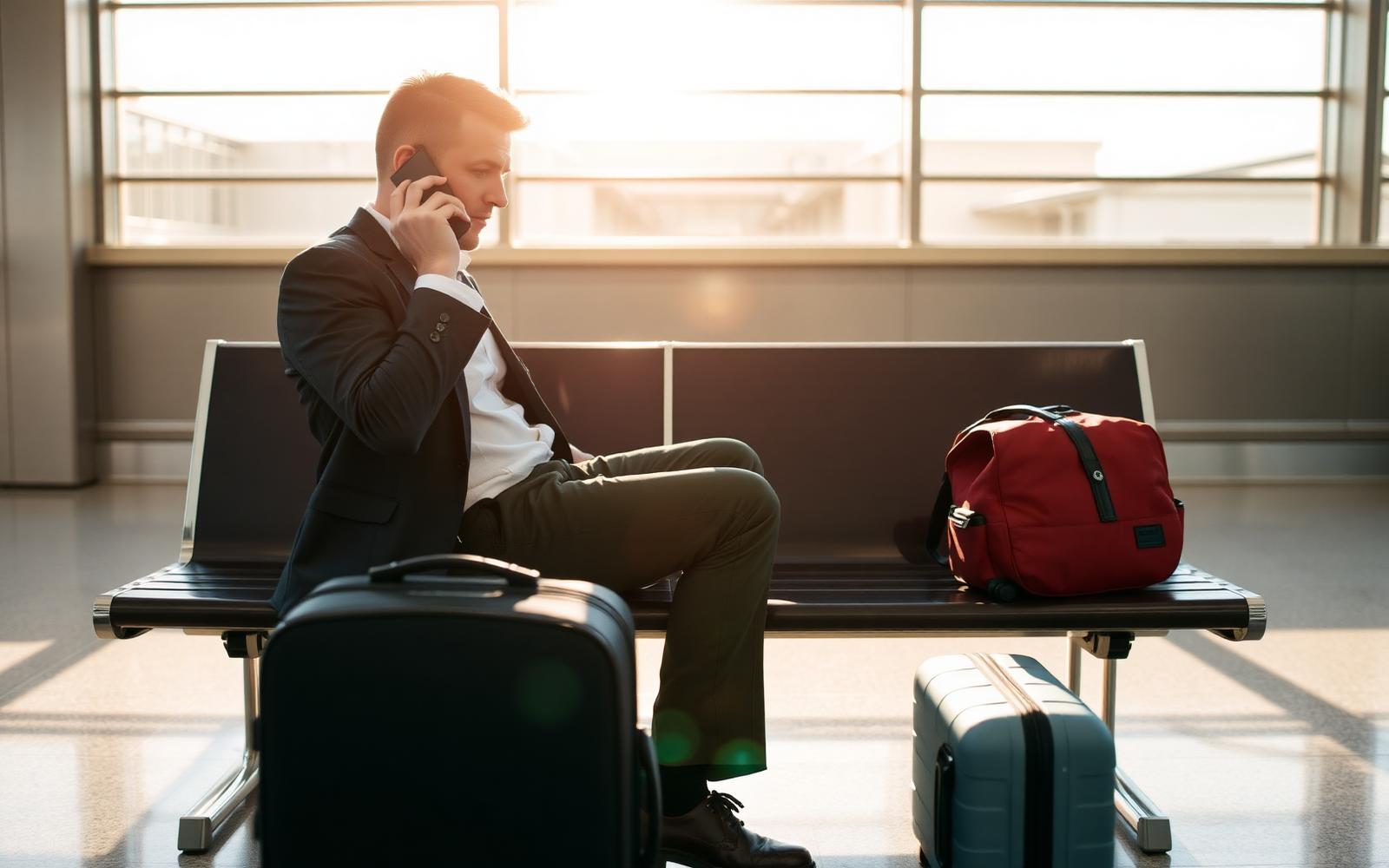Traveler checking a printed flight itinerary next to a departures board inside a terminal