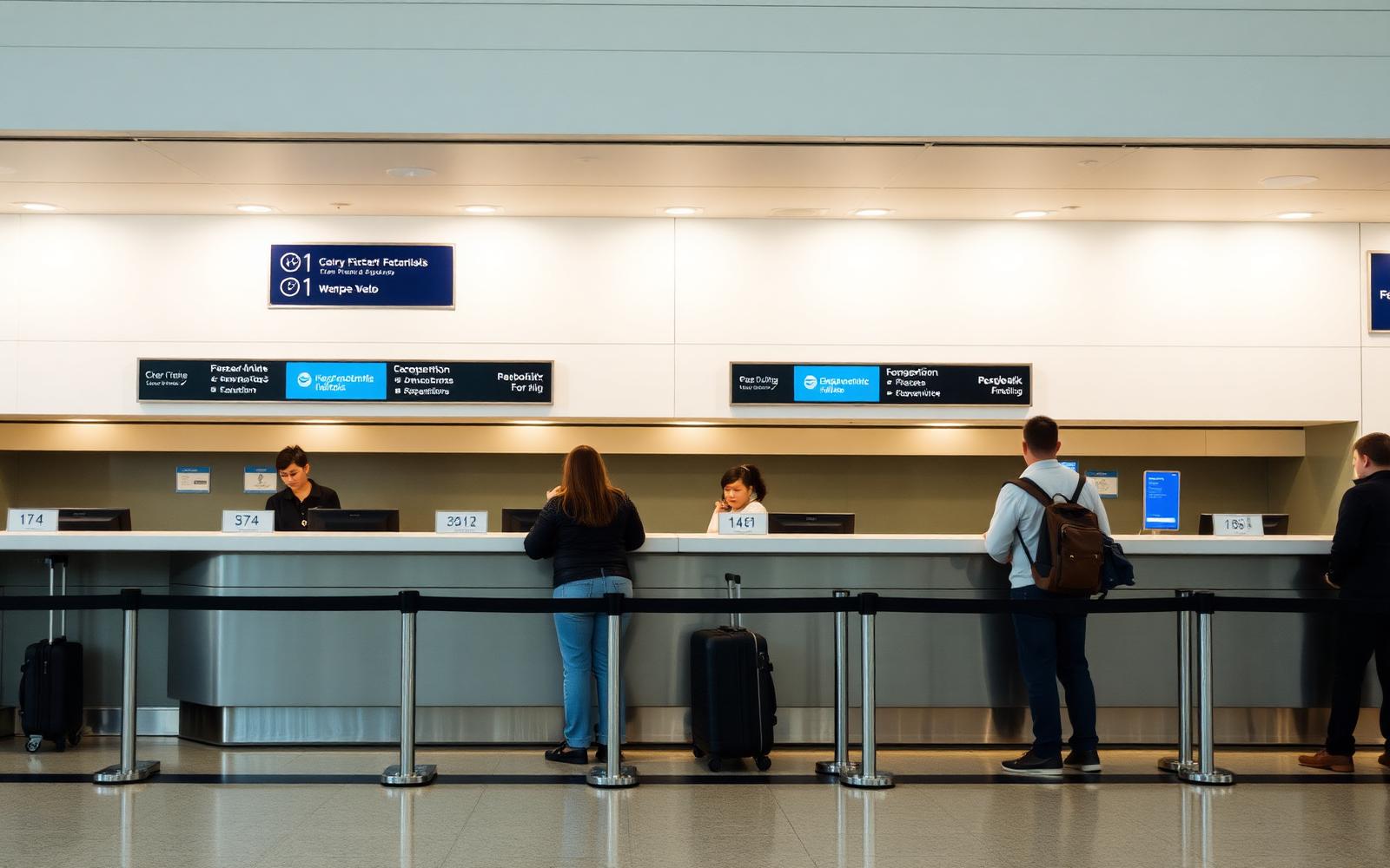 Airline staff member reviewing a laptop screen of visa rules at a check-in counter while a passenger waits