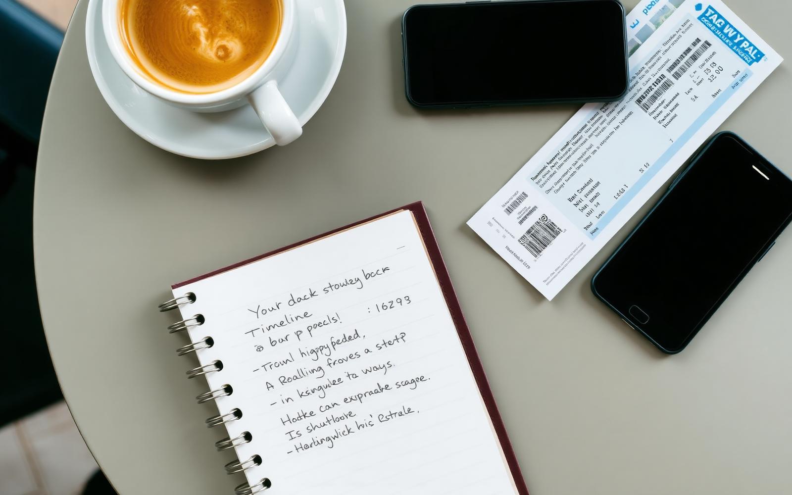 A boarding pass and printed ticket receipt laid flat on a table next to a phone showing a flight status app