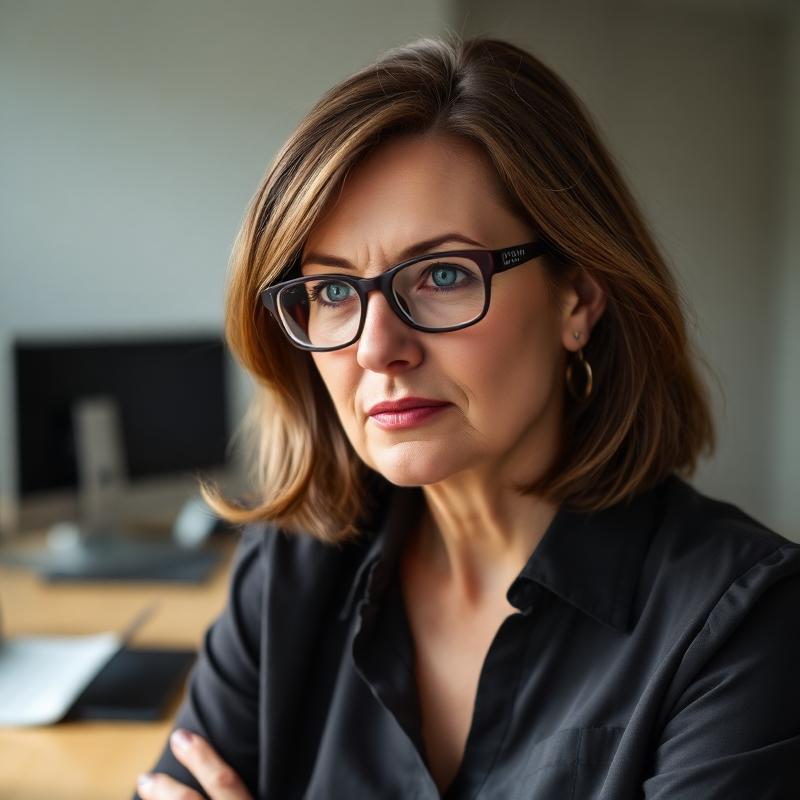 Elena Marchetti, Travel Documentation Editor, photographed at her desk wearing glasses