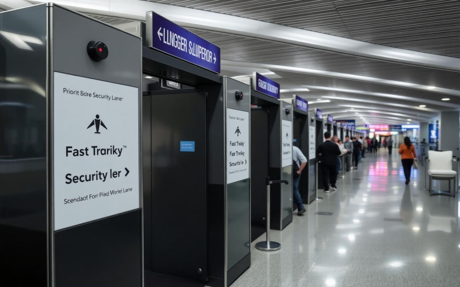 A wide view of an airport security hall with several screening lanes open and queues of varying length