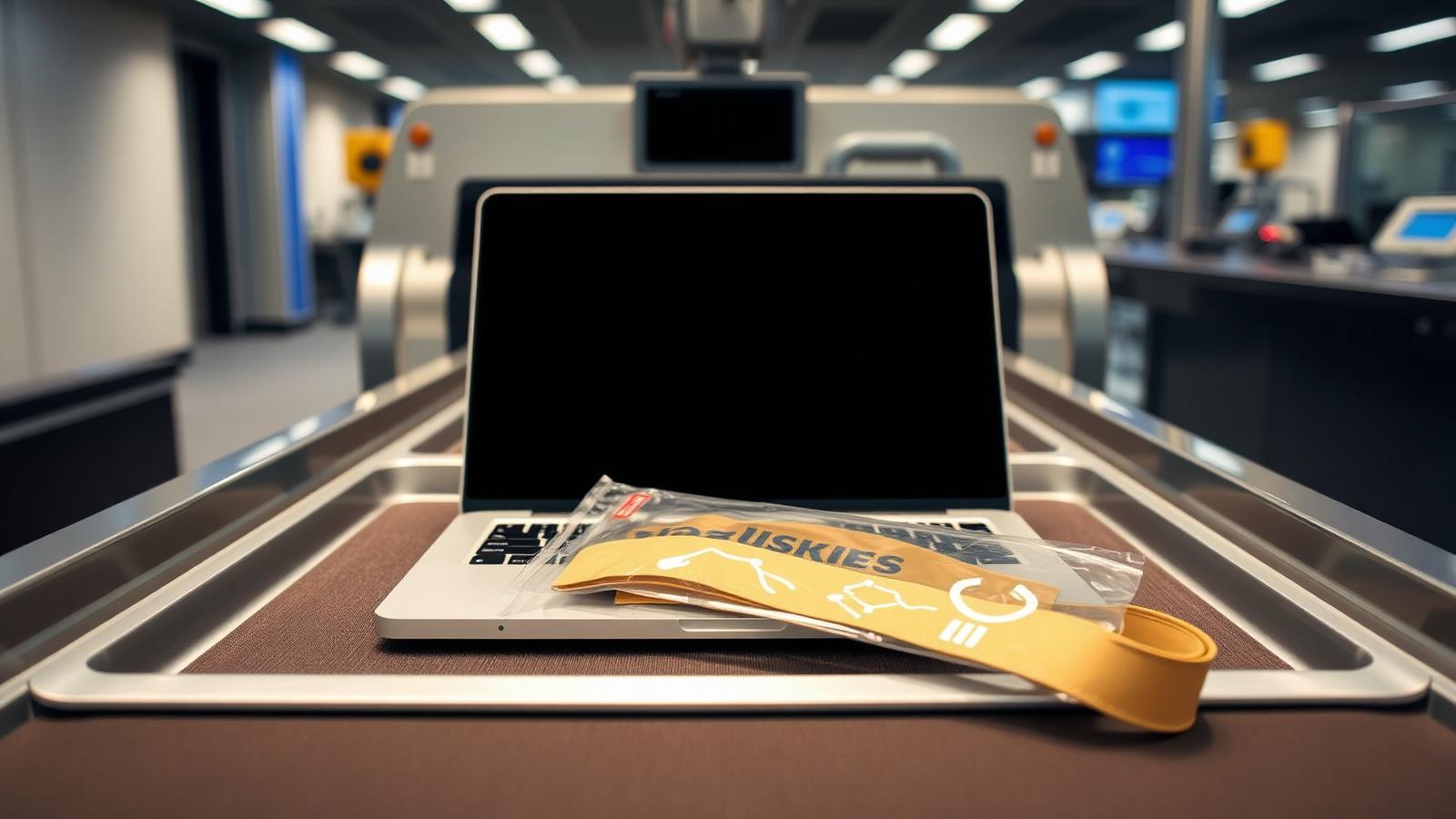 A security tray on a conveyor holding a laptop, a clear liquids bag and a folded belt beside a scanner
