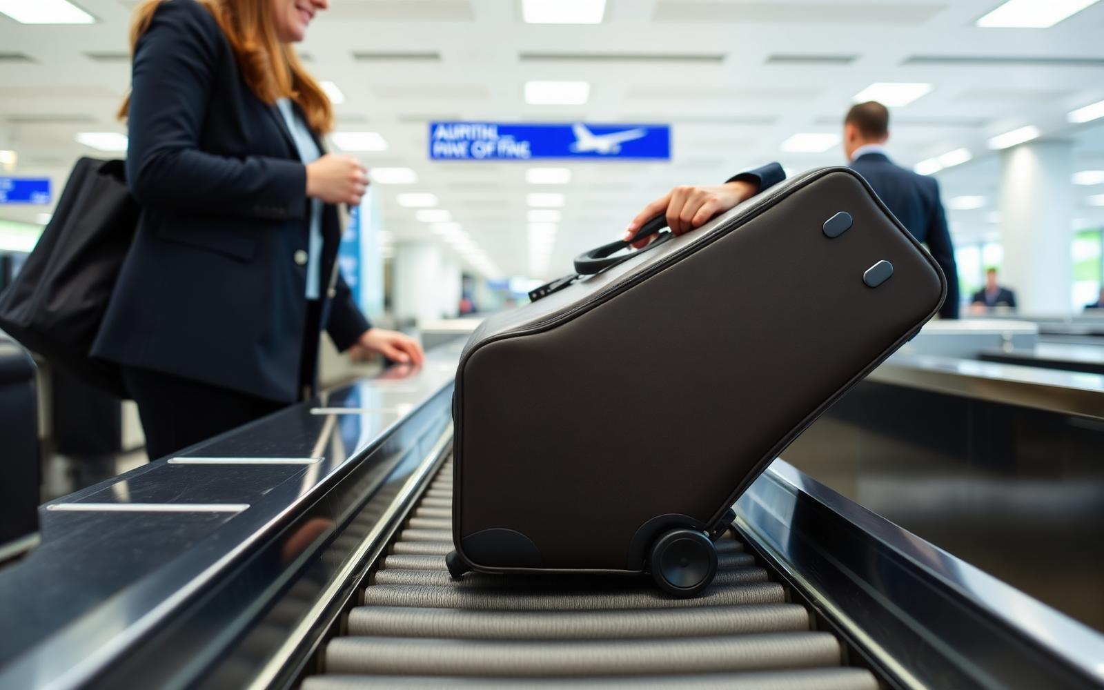 A traveler placing a suitcase on a bag drop conveyor belt at an airline check-in counter