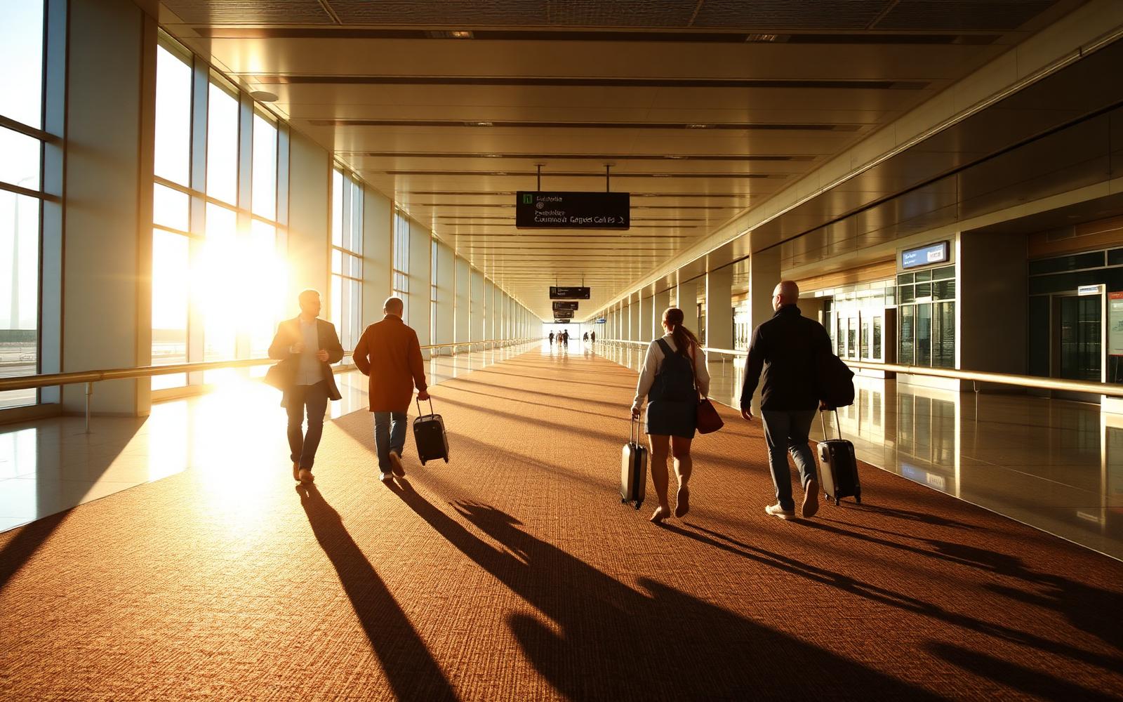 Travelers walking briskly through a long airport concourse toward a departure gate