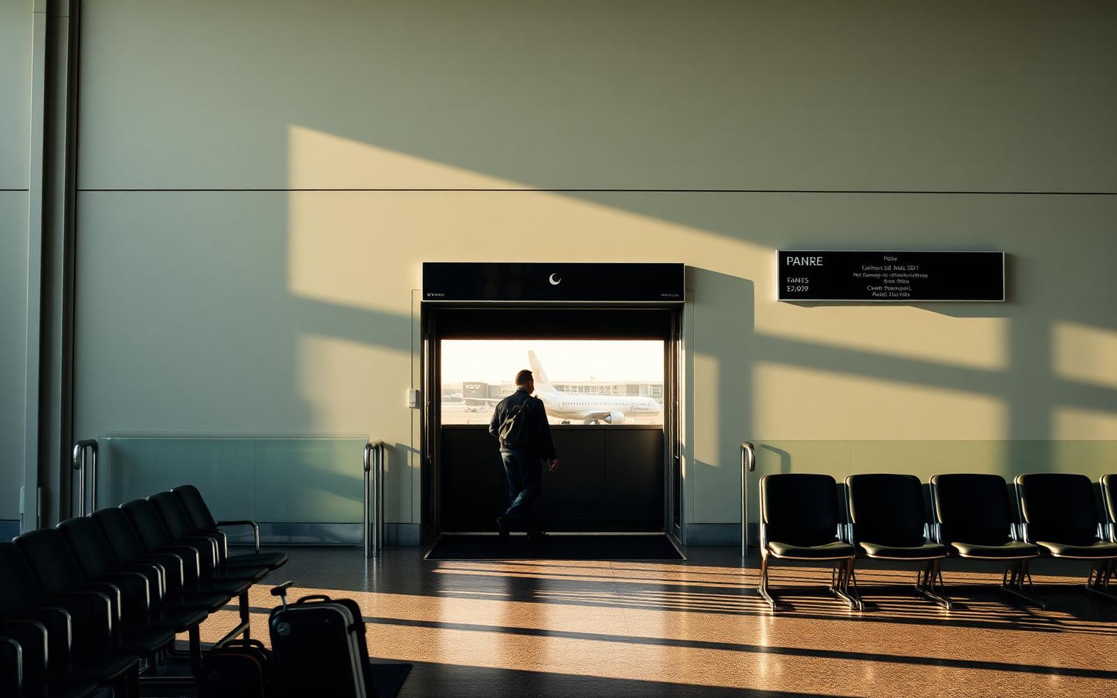A passenger using a mobile phone in an airport arrivals corridor while other travelers walk past toward baggage reclaim