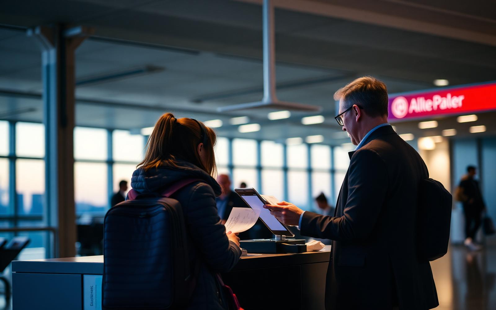 An airline ticket sales desk in an airport landside hall with a staff member assisting a waiting passenger