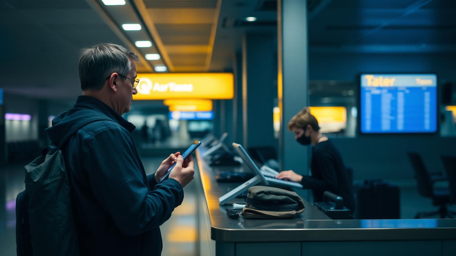 A lone traveler speaking with airline staff at a service counter in a quiet arrivals hall late in the evening