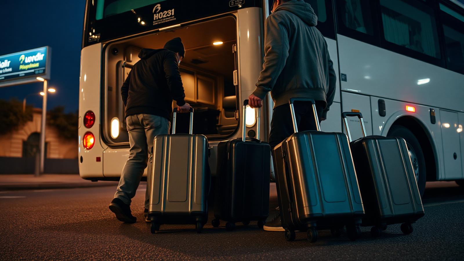 A shuttle coach and taxis waiting outside a small airport terminal in the evening as travelers arrive with luggage