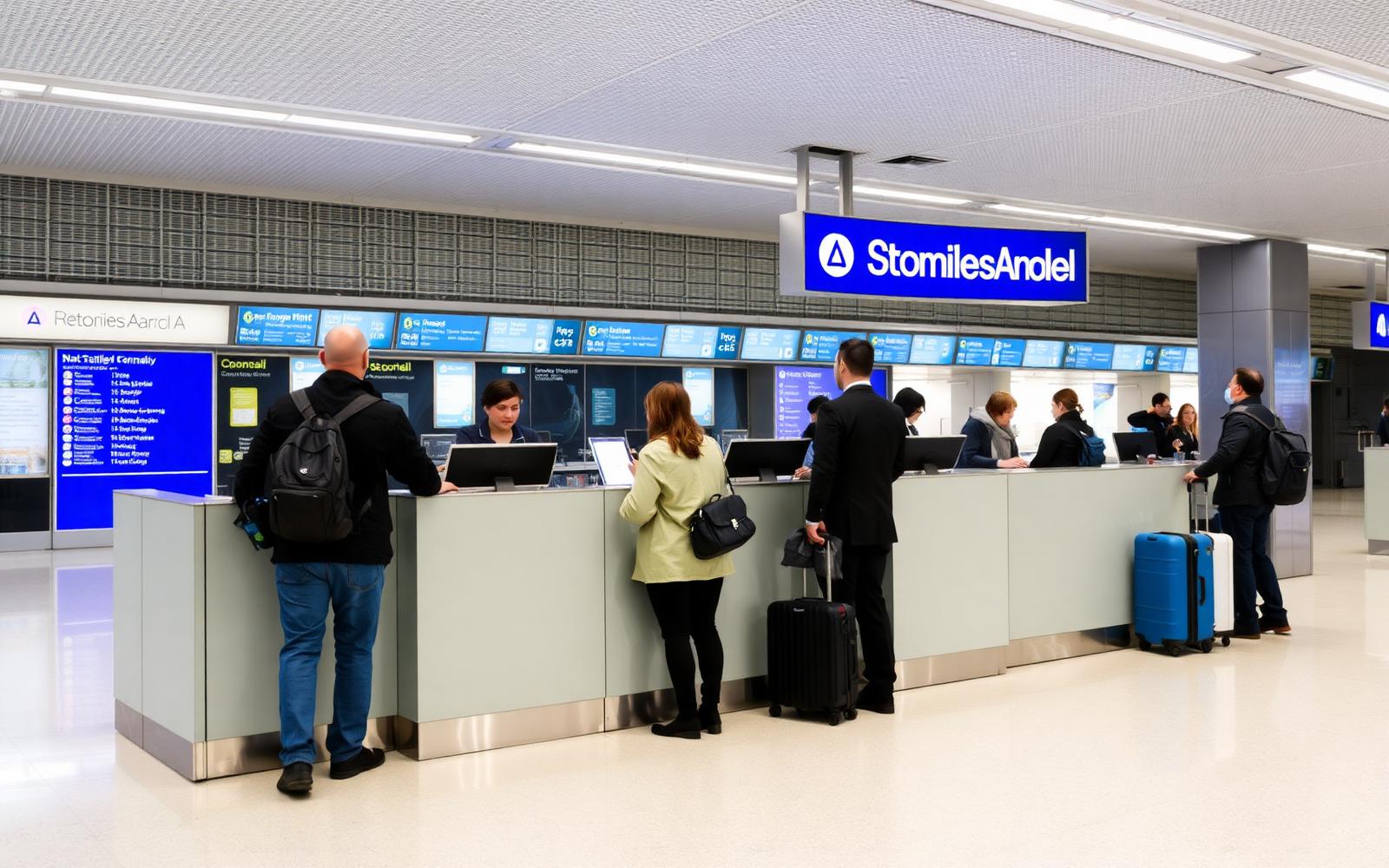 A departure board at an airport transfer area with passengers checking onward flight information