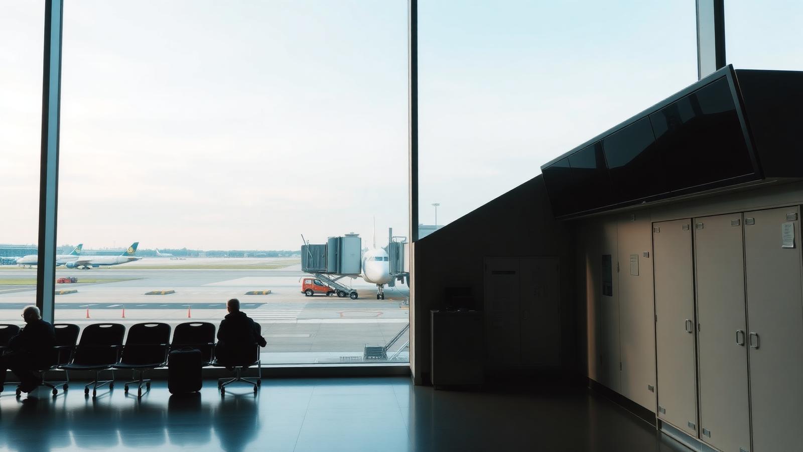 Seated passengers waiting near a gate desk with an empty jet bridge and grey apron visible through the window