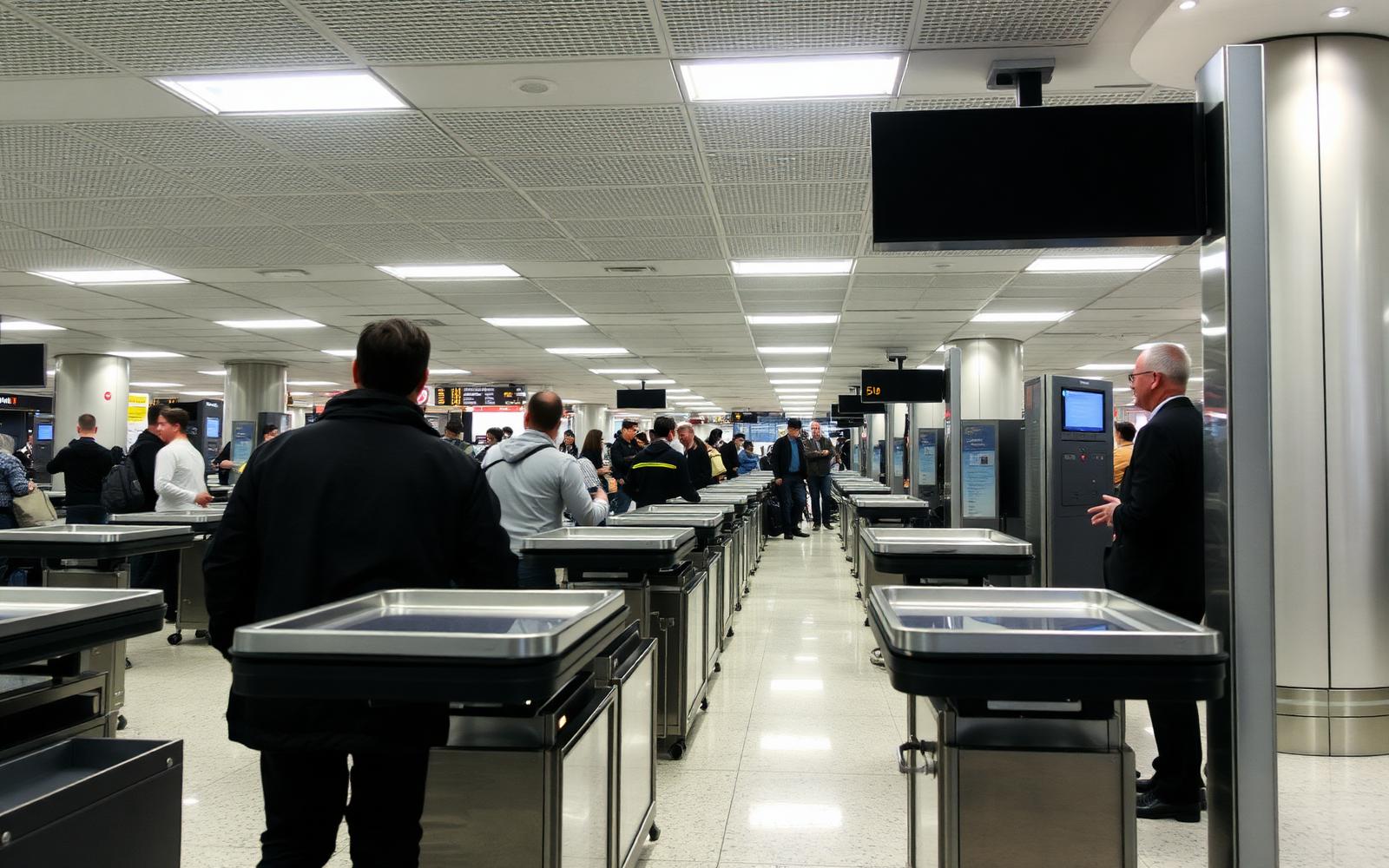 A traveler walking quickly through an airport transfer corridor while checking a boarding pass