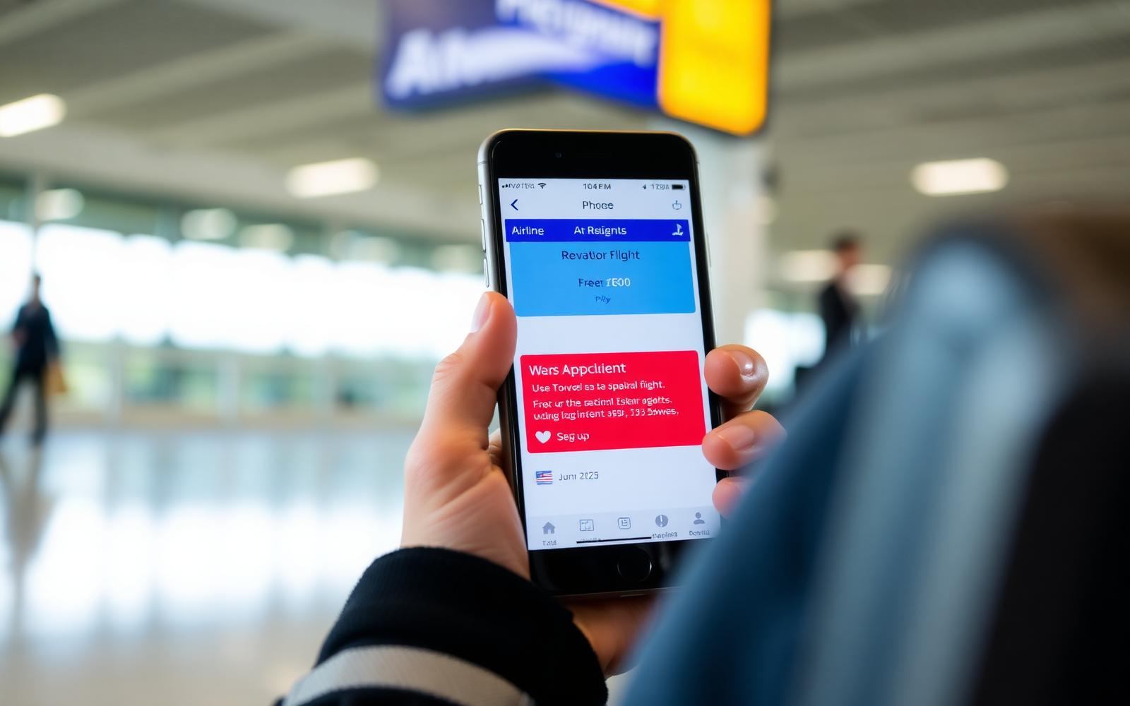 Traveler checking a same-day flight change on a smartphone at a check-in counter