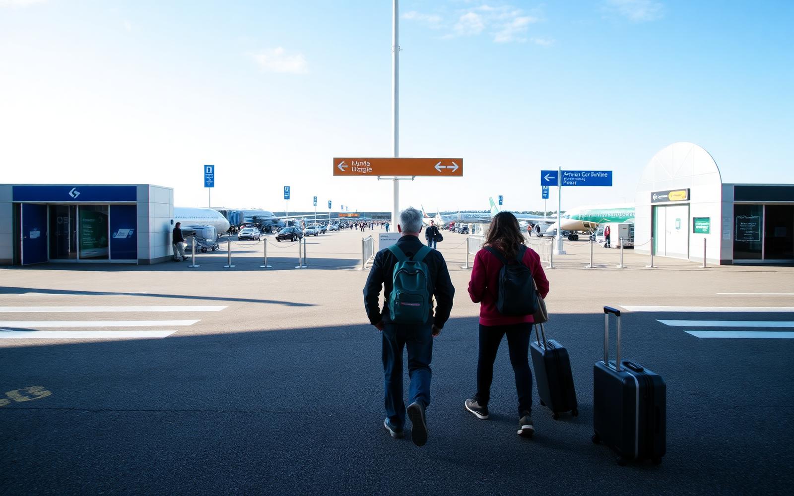 Passengers reviewing separated boarding passes and a printed itinerary at an airport counter