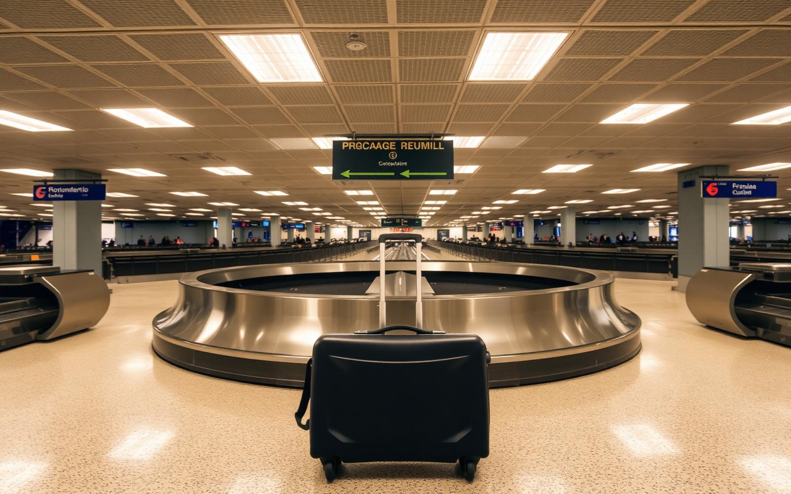 Traveler wheeling a single carry-on suitcase past a row of airline check-in desks in a bright terminal